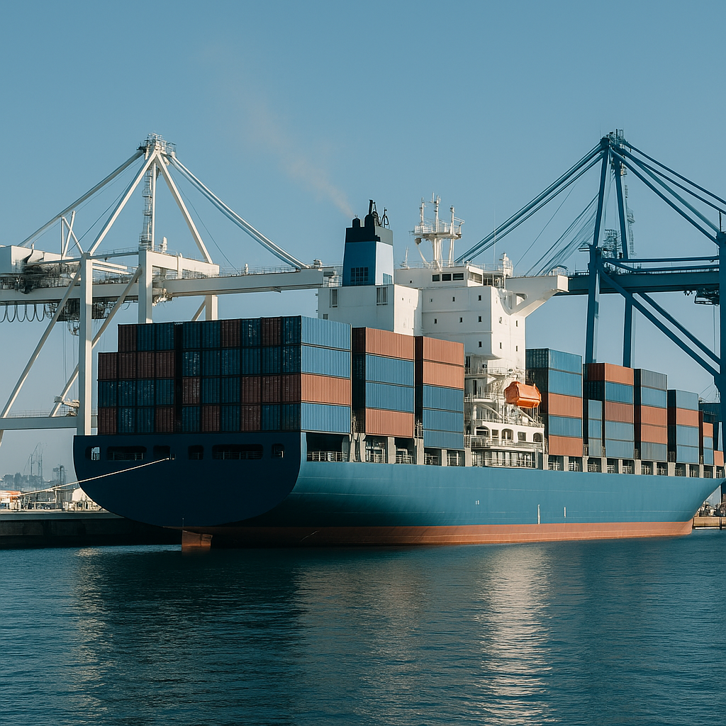 Operação de comércio exterior — navio cargueiro atracado em porto brasileiro